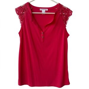 Lace Cap-Sleeve Henley Top - Red